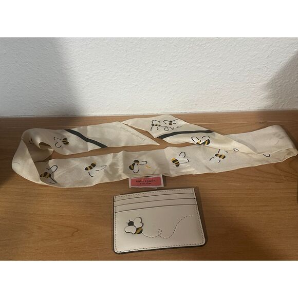 BUNDLE! Kate Spade Bee Leather Slim Card Case & Bee Silk Skinny Scarf Multi EUC - Picture 5 of 6